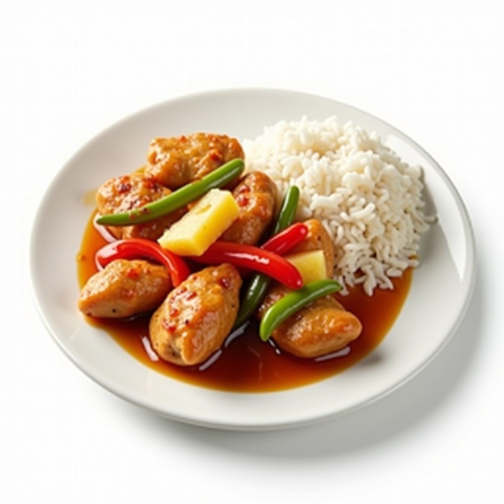 A dish features chicken pieces with sweet and sour sauce. Includes red and green peppers. Pineapple chunks present. A side of rice accompanies the dish. Plated on a white plate. Background is white. Realistic presentation with a zoomed-out view.