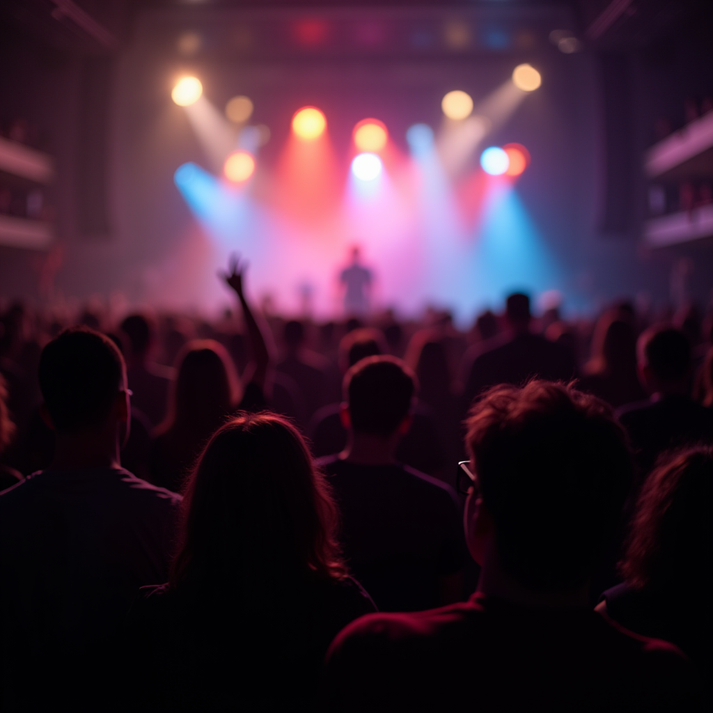 A vibrant concert scene with a crowd silhouetted against colorful stage lights on a performer.