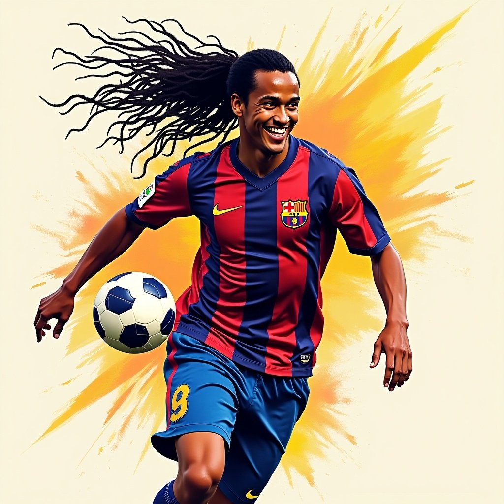 Illustrate soccer player with long curly black hair tied in ponytail. Show radiant smile and almond-shaped brown eyes. Include FC Barcelona jersey and athletic build. Capture expressive pose reflecting joy for game. Feature juggling soccer ball or performing trick. Use dynamic colorful background reflecting spirit of soccer.