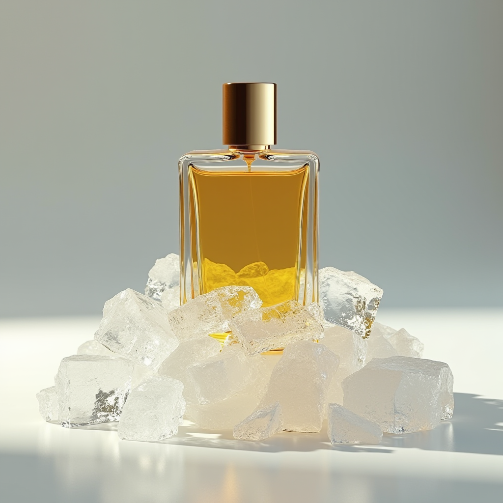 A perfume bottle surrounded by ice cubes, contrasting warm liquid with cold elements.