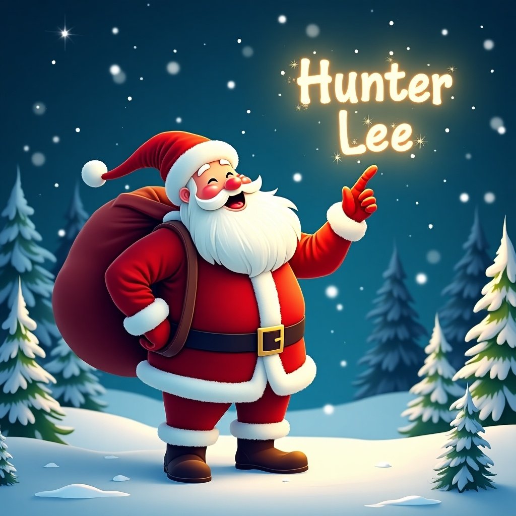 Image depicts a joyful Santa Claus standing in a snowy landscape. Santa has a big red sack and is holding a sparkly wand. He wears a traditional red suit and points upward as if writing a name in the sky. Snowflakes fall around him. The name 'Hunter Lee' shines in the sky. Pine trees and twinkling stars create a festive atmosphere.