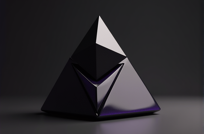 A dark, reflective geometric sculpture composed of nested pyramids with a glossy surface.