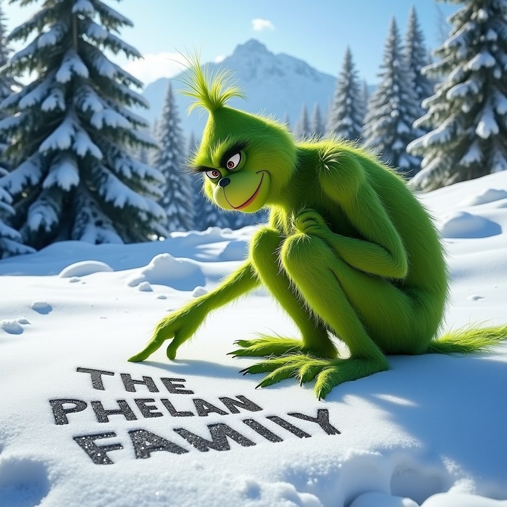 The Grinch sits in snow writing THE PHELAN FAMILY. A snowy landscape with pine trees is in the background. The Grinch is green and animated.