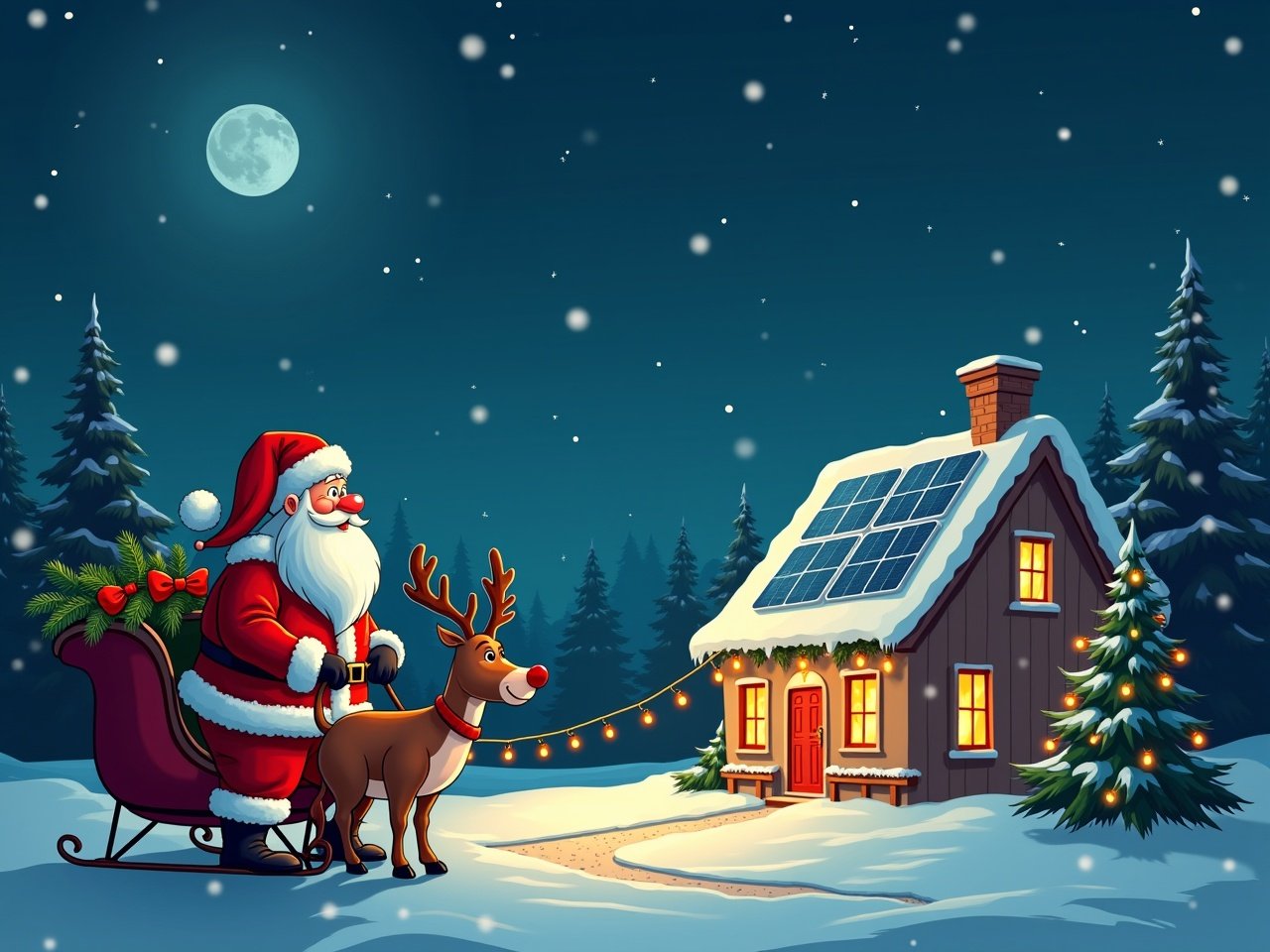 Santa Claus admires a house decorated with Christmas lights. The house has solar panels. Rudolf has a bright nose. Sleigh is present. Cartoon style is used.