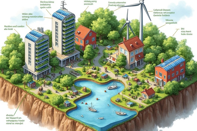 Detailed isometric illustration of a sustainable city integrated with nature features vertical farms solar panels wind turbines circular food system with livestock greenhouses natural water filtration systems agroforestry diverse housing styles rendered in watercolor style with Dutch text labels describing various elements