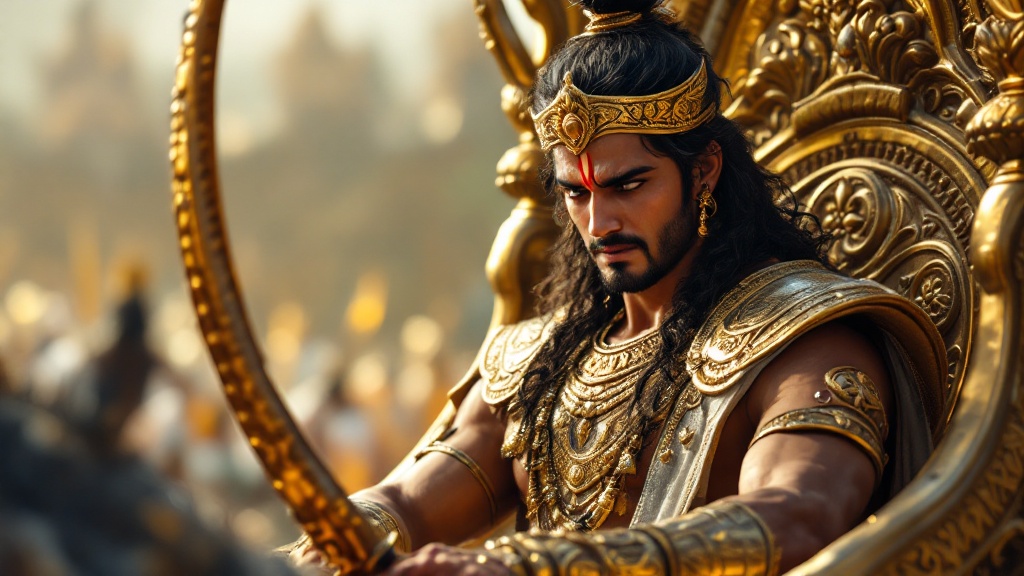 Ultra HD hyper realistic image of Arjuna seated in a grand chariot. He wears intricate golden armor. His expression conveys doubt and sorrow. Krishna is beside him guiding him, while he examines his bow and arrows.