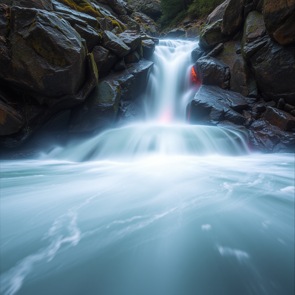 A serene waterfall flows over smooth rocks into a calm pool, surrounded by rich, textured stone.