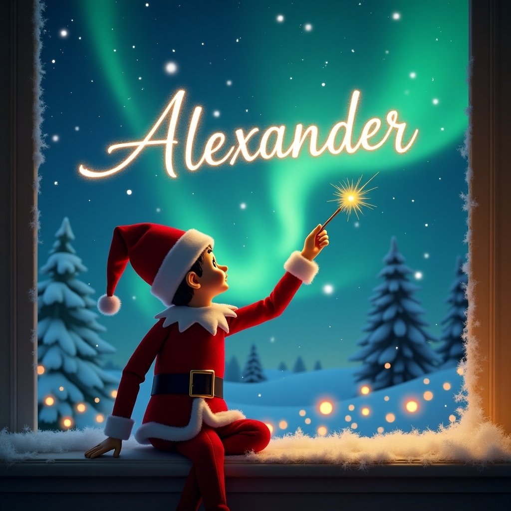 An elf on the shelf faces the sky holding a wand. The background features a magical Christmas setting with northern lights. The name Alexander is written in the sky with elegant strokes.