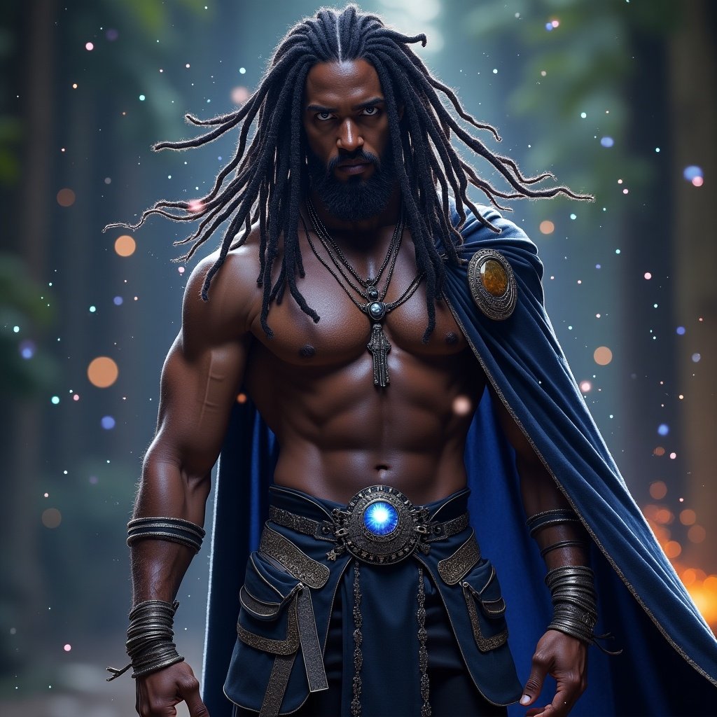 Tall muscular man with long black dreadlocks. Dreadlocks have glowing silver and gold streaks. Skin radiates shimmering aura. Wears an armored cloak made from celestial fabric. Eyes are deep purple and bright white.