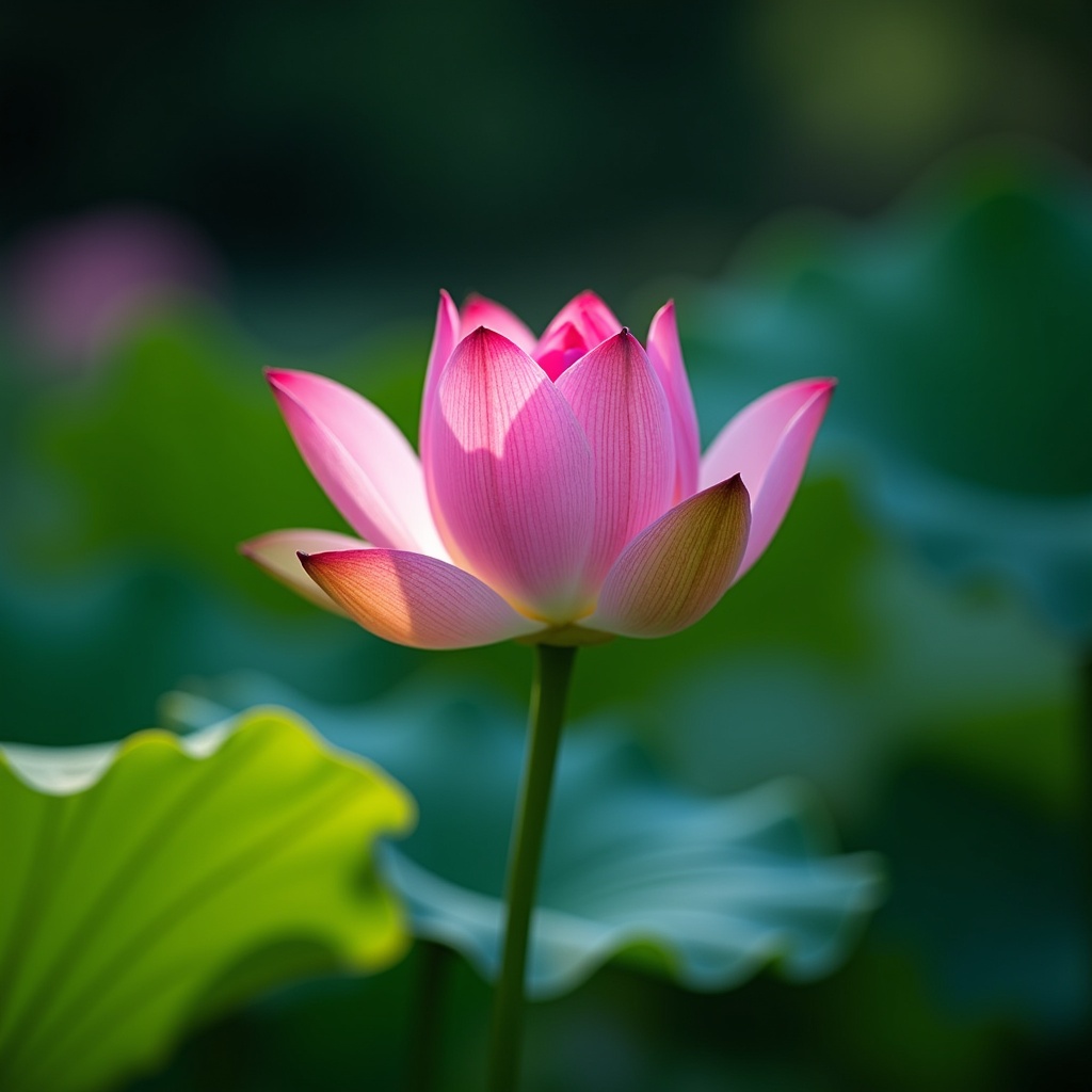 Photograph of a vibrant pink lotus flower in full bloom. Flower stands gracefully among lush green leaves. Soft lighting highlights the delicate petal texture. The image reflects natural elegance and beauty of a quiet pond.