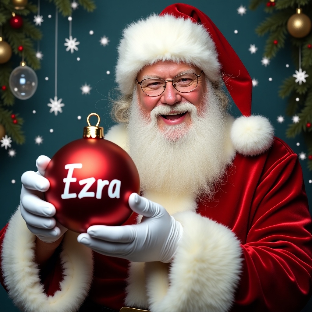 Santa holds a red bauble with the name Ezra written on it. He has a cheerful expression. Background decorated with Christmas ornaments and snowflakes. Traditional Santa attire.