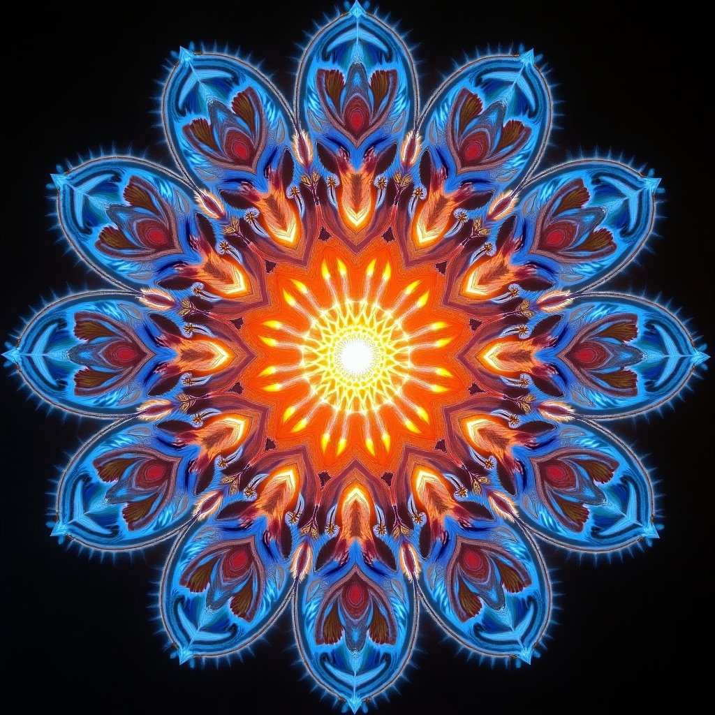 Image representing Nam-Myho-Renge-Kyo through cymatics. Patterns and colors created by vibrations in a symmetrical design. Central vibrant sun surrounded by intricate shapes. Bright colors radiate outward.