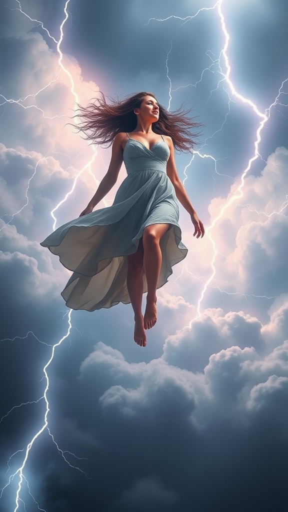 In this dynamic digital artwork, a woman is depicted floating gracefully through a stormy sky. She is enveloped by dramatic clouds and illuminated by vivid streaks of lightning, creating a sense of power and serenity. The flow of her dress and hair complements the turbulent backdrop, blending elegance with nature's raw energy.