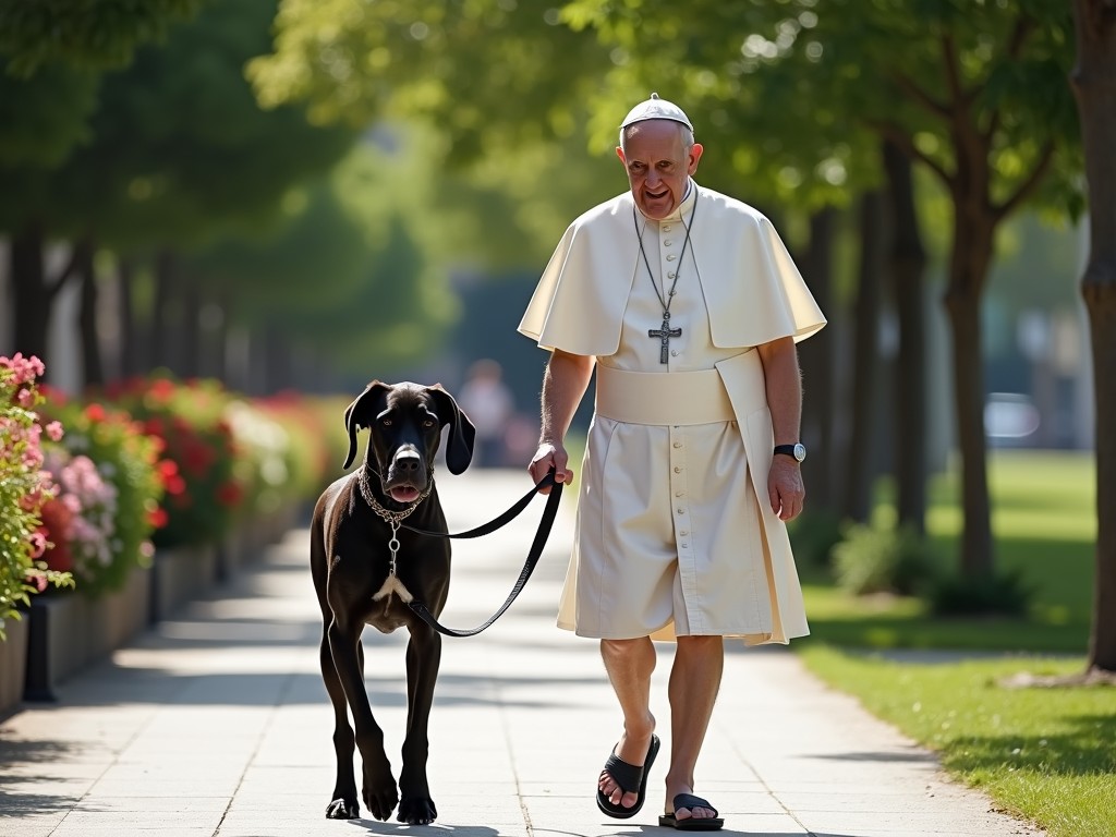 The image captures a serene scene of a man dressed in white religious attire strolling down a sunlit path alongside a large, black dog on a leash. The man appears relaxed and content, wearing casual sandals and a chain with a cross. The path is flanked by blooming red flowers and lush green trees, suggesting a peaceful, park-like setting. The overall mood is calm and joyful, evoking a sense of companionship.