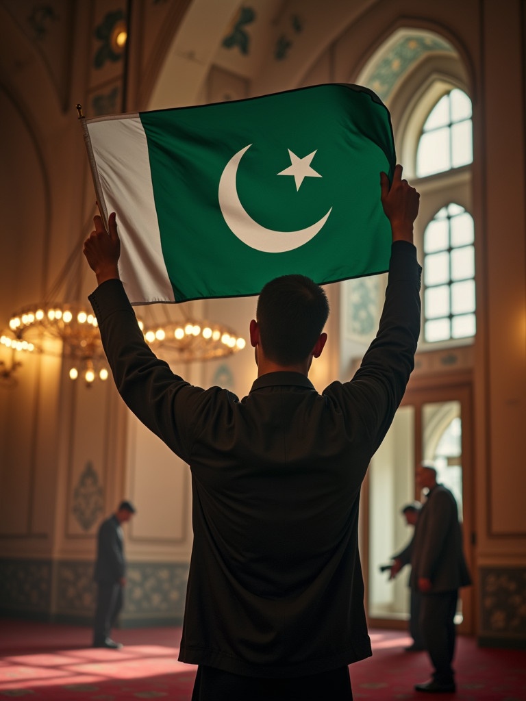 A man stands inside a traditionally decorated mosque. He is holding the Pakistani flag high above his head. The mosque features ornate designs and ambient lighting. Shadowy figures are seen in the background. The scene conveys cultural pride and religious reverence.