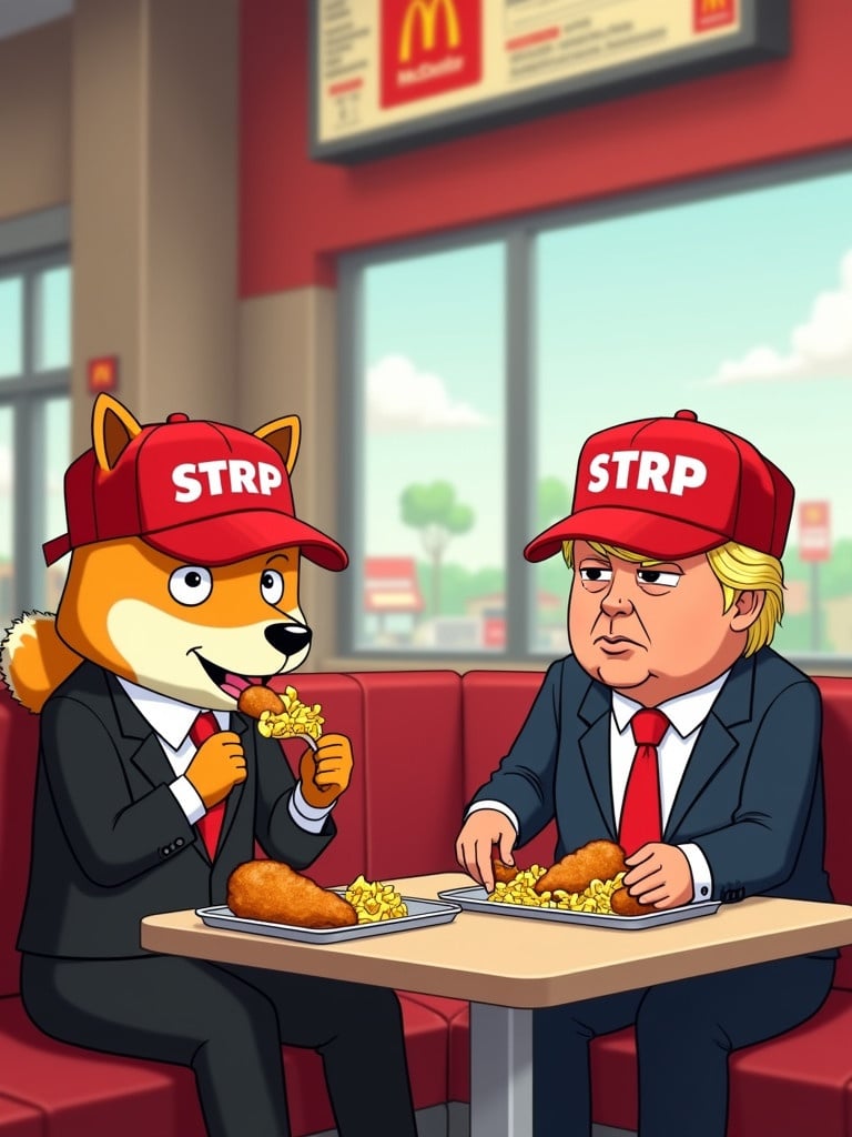 Animated cartoon scene with a humanoid Shiba dog in a black suit and red tie. Shiba is eating chicken and chips inside McDonald's. Another character dressed formally is also eating. Both characters wear red caps labeled '$TRP'. Scene is bright and lively with fast food elements.