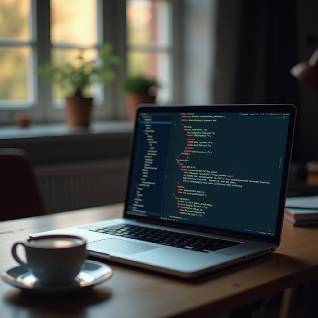 A laptop displaying colorful code sits on a wooden table near a cup of coffee, with plants and a window in the background.