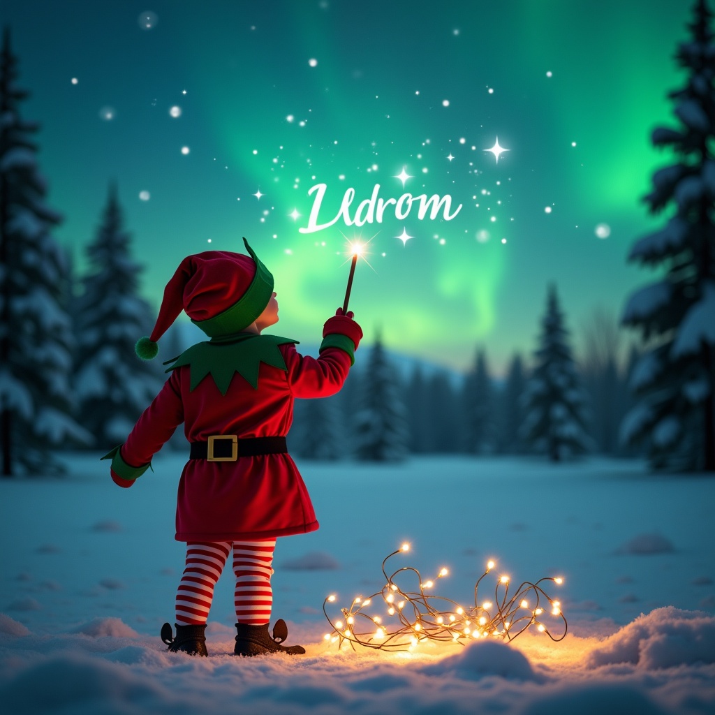 A festive scene shows a child dressed in an elf costume, facing away from the viewer. The child is gazing upward, using a wand to create a magical inscription in the air. Northern lights illuminate the night sky, casting vibrant colors over a snow-covered landscape filled with trees. In the foreground, twinkling lights add a cozy ambiance to the scene. The overall mood is cheerful, capturing the spirit of the holiday season beautifully.