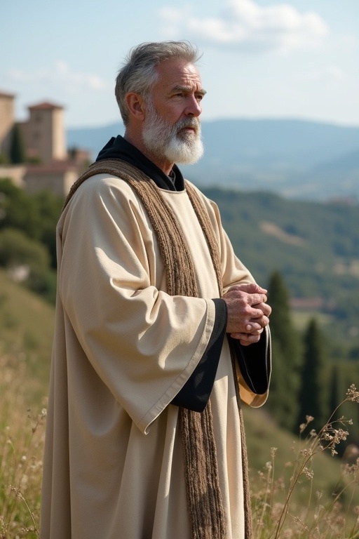 An old ascetic priest stands on a hill. He wears a natural-colored ceremonial robe. The background features southern France. The priest's expression reflects wisdom and sternness.