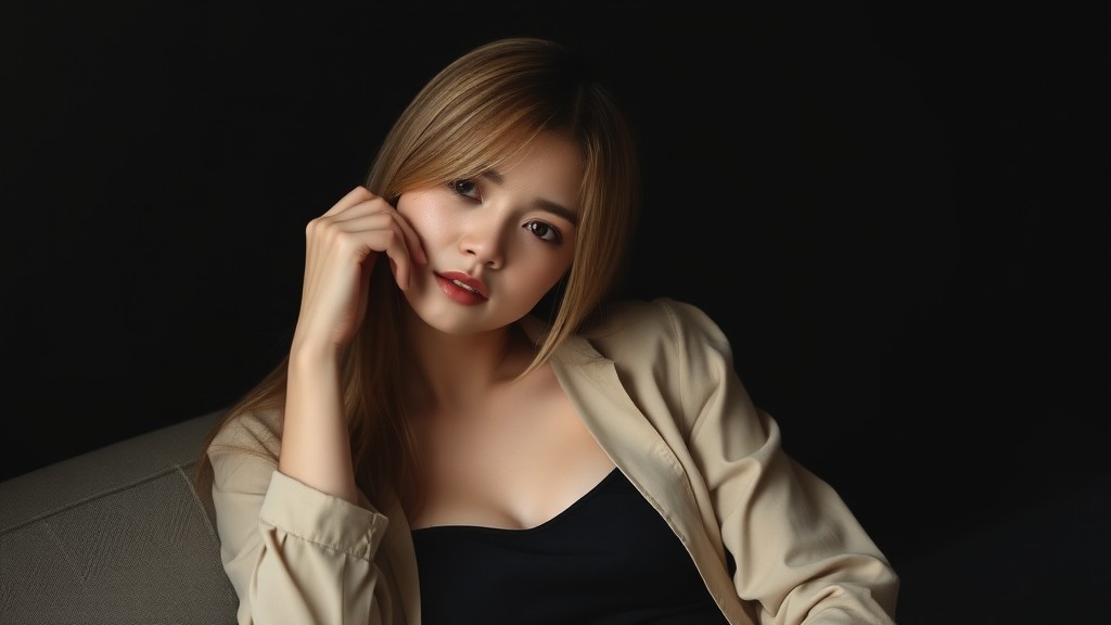 A woman in a beige blazer sits in a contemplative pose against a dark background.