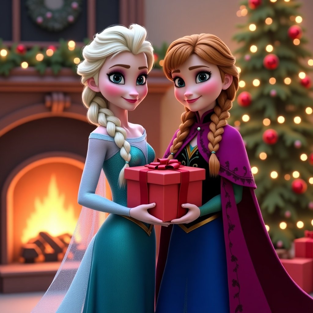 Elsa stands near a fireplace dressed in winter Christmas outfit. Anna holds a red present beside a Christmas tree, also dressed for winter. Background features decorated Christmas trees and soft lighting. The scene reflects a holiday celebration.