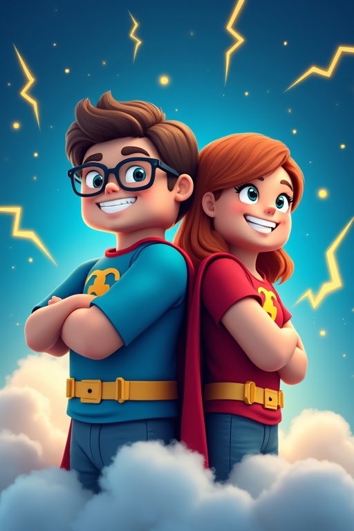 Two children are standing back to back. They wear superhero costumes. One child has glasses. They look strong and determined. Background is royal blue with yellow lightning bolts. Clouds surround the children's lower body. The overall style feels vibrant and playful with a Minecraft theme.