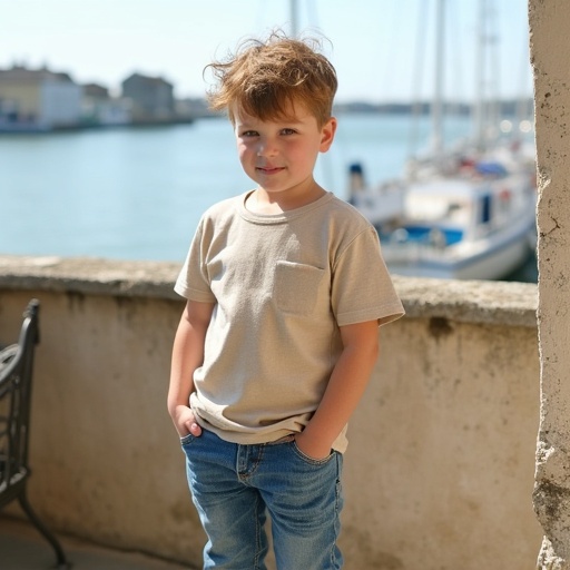 A young boy stands on a balcony. He wears a natural-colored T-shirt and blue jeans. He has colorful ankle socks. The boy has short light brown hair and looks shy. The background shows a sunny harbor in Normandy. The scene is peaceful and quiet.