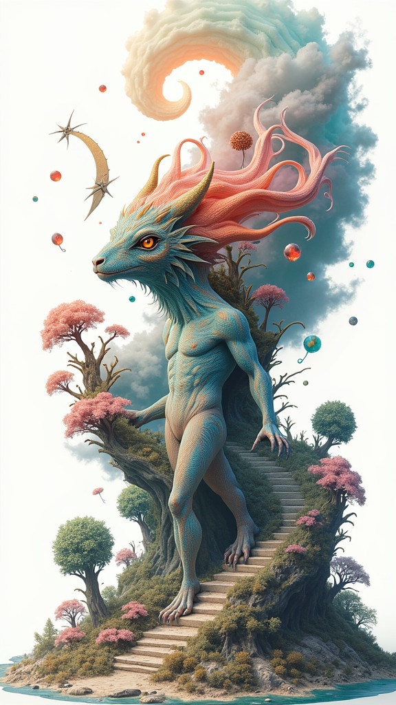 High-detailed hyperrealistic scene. Creature with vibrant hair walks through a surreal landscape. Fantasy elements like planets and trees surround it. Inspiration from renowned surreal painters. Isolated on white background. HD quality.