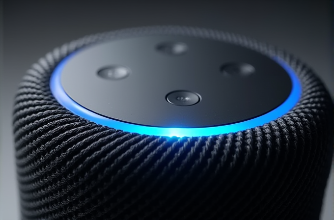 A close-up of a cylindrical smart speaker with a fabric design and glowing blue ring on top.