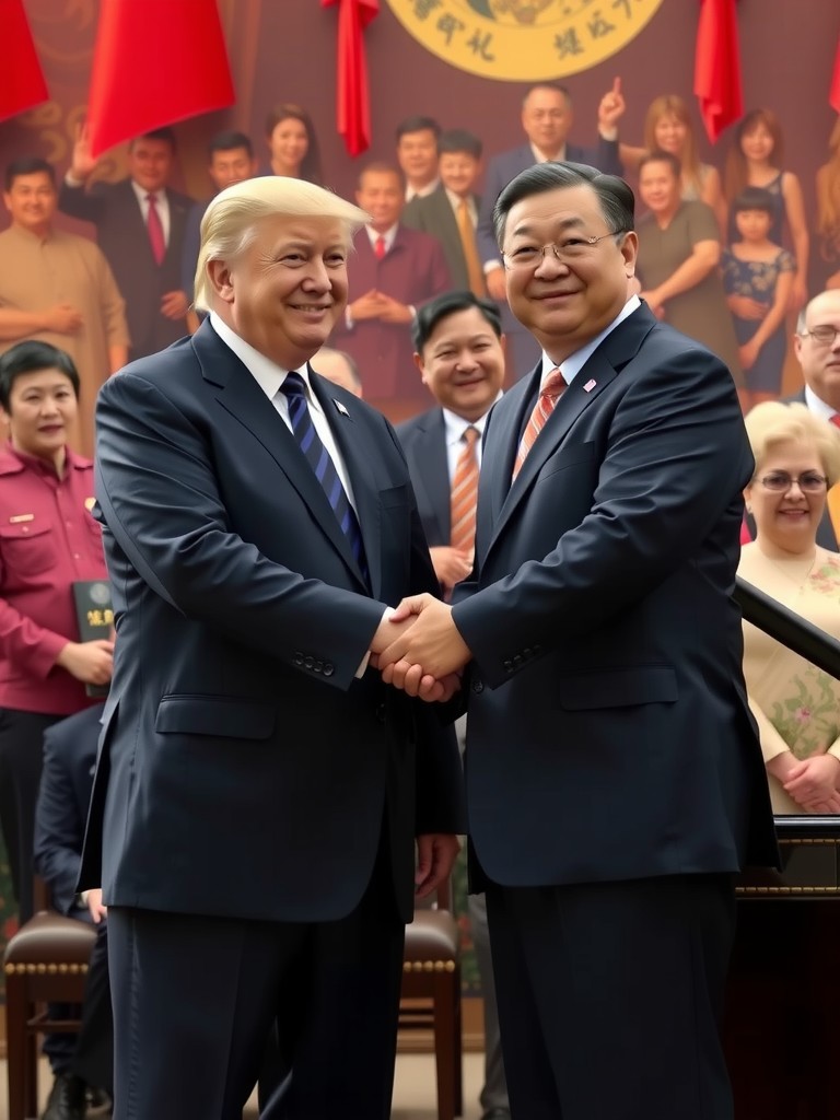 Two men in suits shaking hands in front of a group of people and flags.