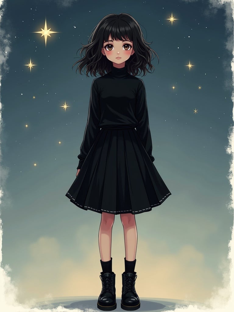 Young woman with dark wavy hair wears a black outfit. Figure stands under twinkling stars. She wears long sleeve turtleneck and black skirt. Combat boots add stylish touch. The background is dreamy with soft lighting.