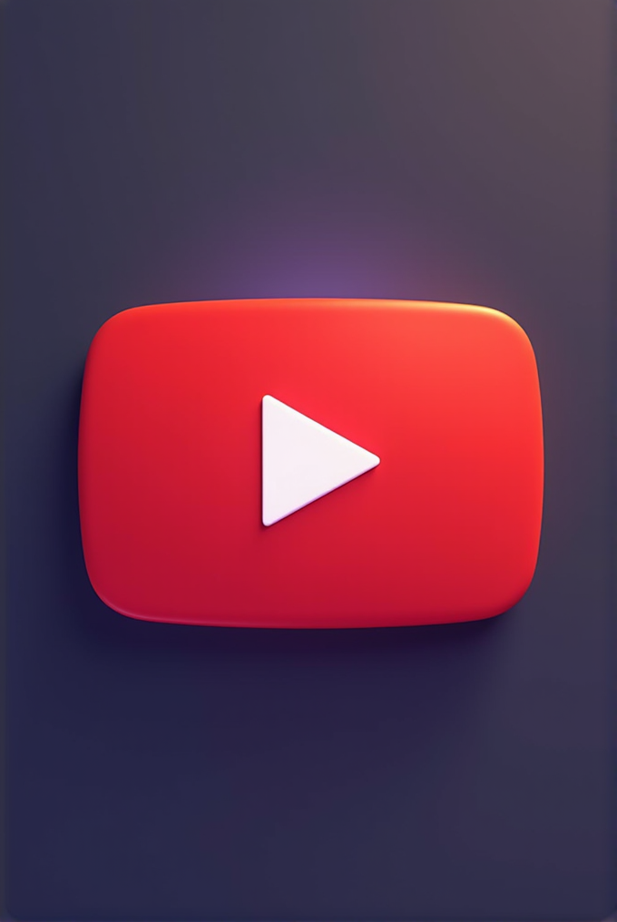 A 3D rendering of a red rounded rectangle with a white play button, resembling a video platform logo, against a dark gradient background.