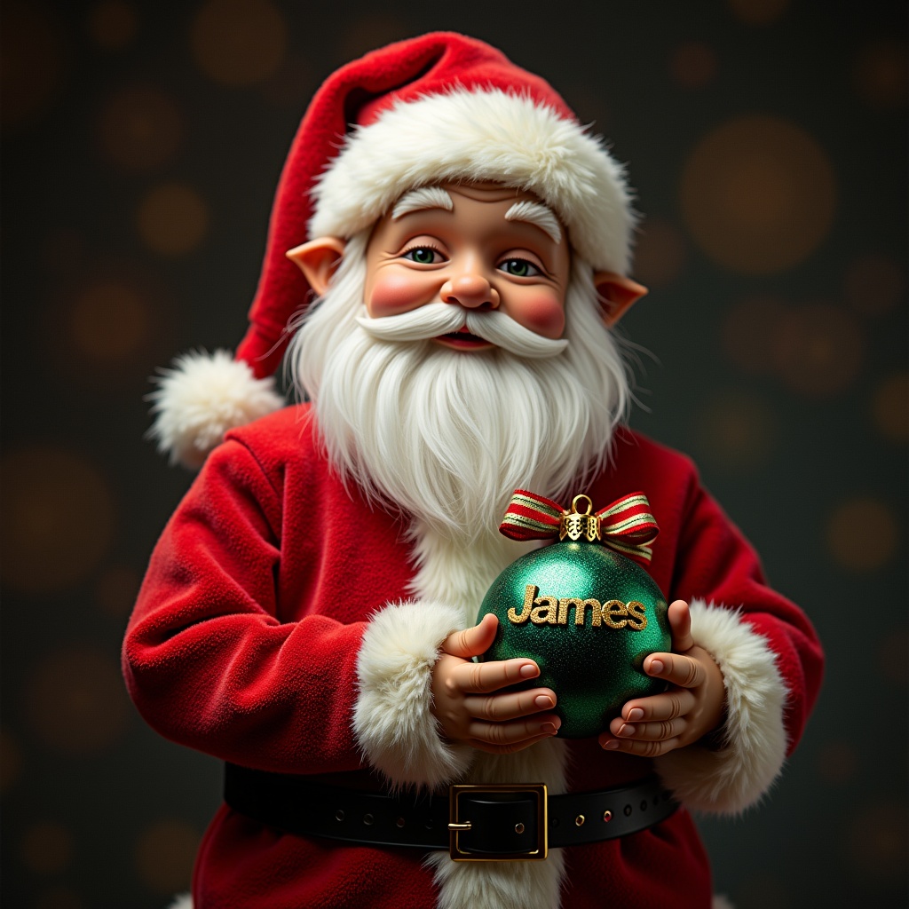 The image depicts a cheerful elf reminiscent of Santa Claus, dressed in vibrant red attire, complete with a fluffy white hat and a long beard. This jolly figure is joyfully holding a green Christmas bauble that prominently features the name 'James'. The soft, warm lighting creates a festive mood, highlighted by a shimmering bokeh background filled with golden orbs. The elf's expressive eyes and gentle smile evoke a sense of holiday joy and magic. This illustration captures the essence of Christmas, perfect for decorations and seasonal marketing.