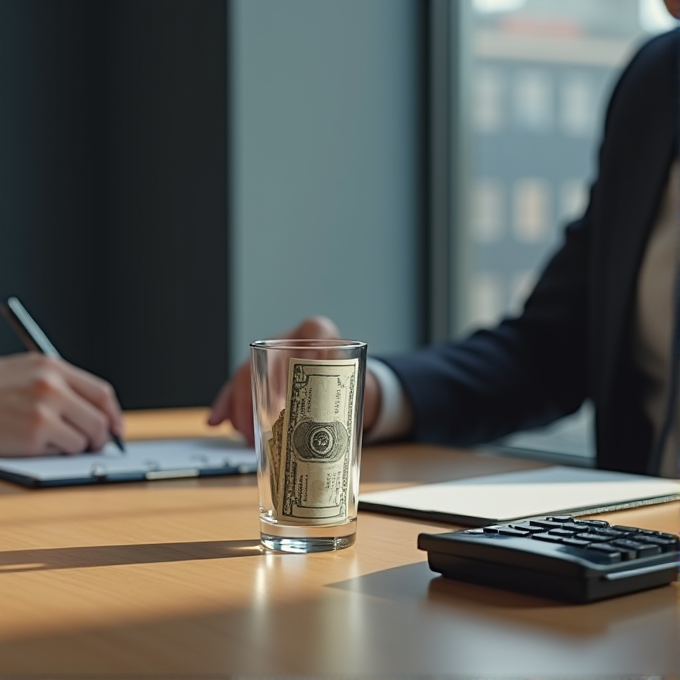 A glass of dollar bills on a desk indicates financial discussions between two professionals in an office setting.