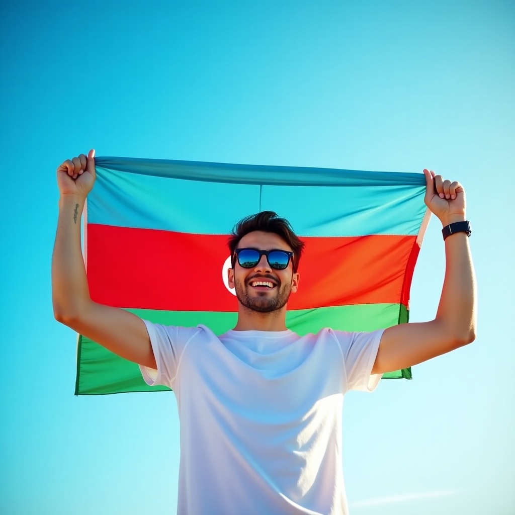 The image features a young man proudly holding the Azerbaijan flag while standing against a bright blue sky. He is wearing a simple white t-shirt and sunglasses, giving him a casual and cool look. The flag displays vibrant colors of red, green, and white, representing the nation's identity. This scene captures a spirit of patriotism and cultural pride. The sunlight enhances the colors, making the image bright and lively. It evokes feelings of joy and celebration related to Azerbaijan's rich culture and heritage.