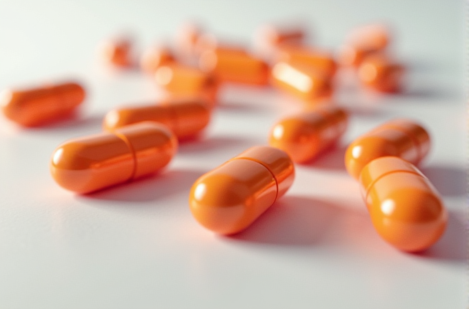 A group of orange capsules is spread out on a light surface.