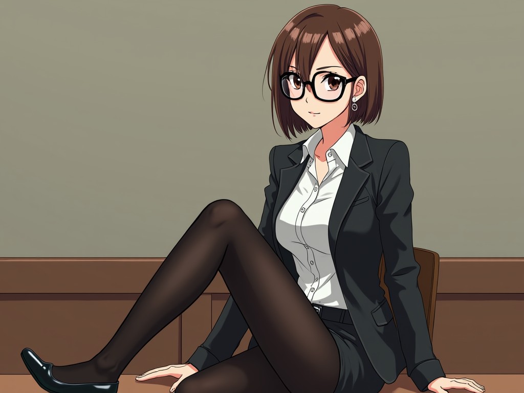 This image is a digital illustration of a young woman in business attire, sitting confidently on a desk. She is wearing a black suit, white blouse, and black stockings, with stylish glasses further emphasizing her professional look. Her expression is calm and composed, suggesting a mix of professionalism and approachability.