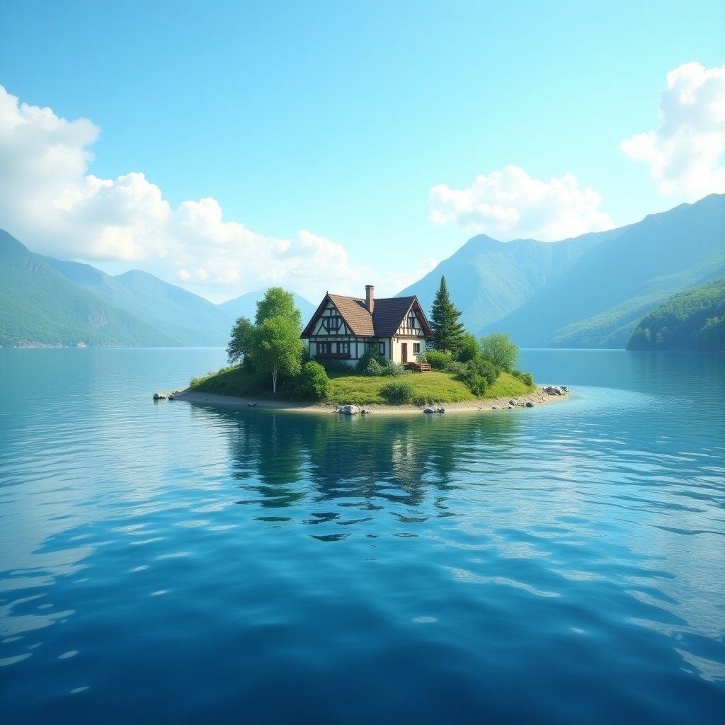 House situated on a small island in the middle of a lake. Clear blue water and lush greenery surround it. Mountains in the background with a calm atmosphere.