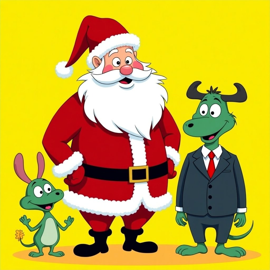 Santa Claus cartoon style inspired by Dr. Seuss. Classic red suit fluffy beard. Two whimsical creatures stand beside him. One creature is green another in suit. Bright yellow background cheerful atmosphere.