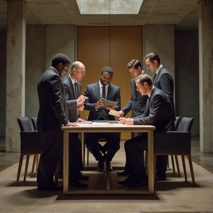 A group of six men in suits gather around a conference table in a modern office, engaged in a business discussion.