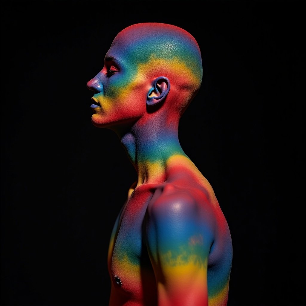 Colorful body paint on a person. Dark background enhances vibrancy. Profile view showcases the artwork.