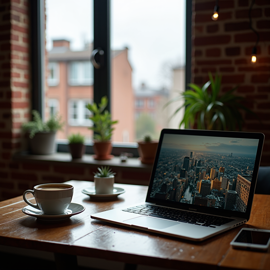 A cozy workspace with a laptop on a wooden table, surrounded by potted plants and a cup of coffee, with a cityscape view through a large window.