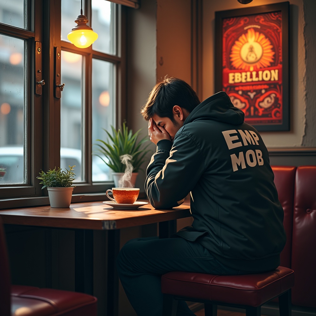 A person sitting alone in a cozy cafe, head in hands, wearing a jacket with 'EMP MOB' written on the back, next to a steaming cup of coffee.