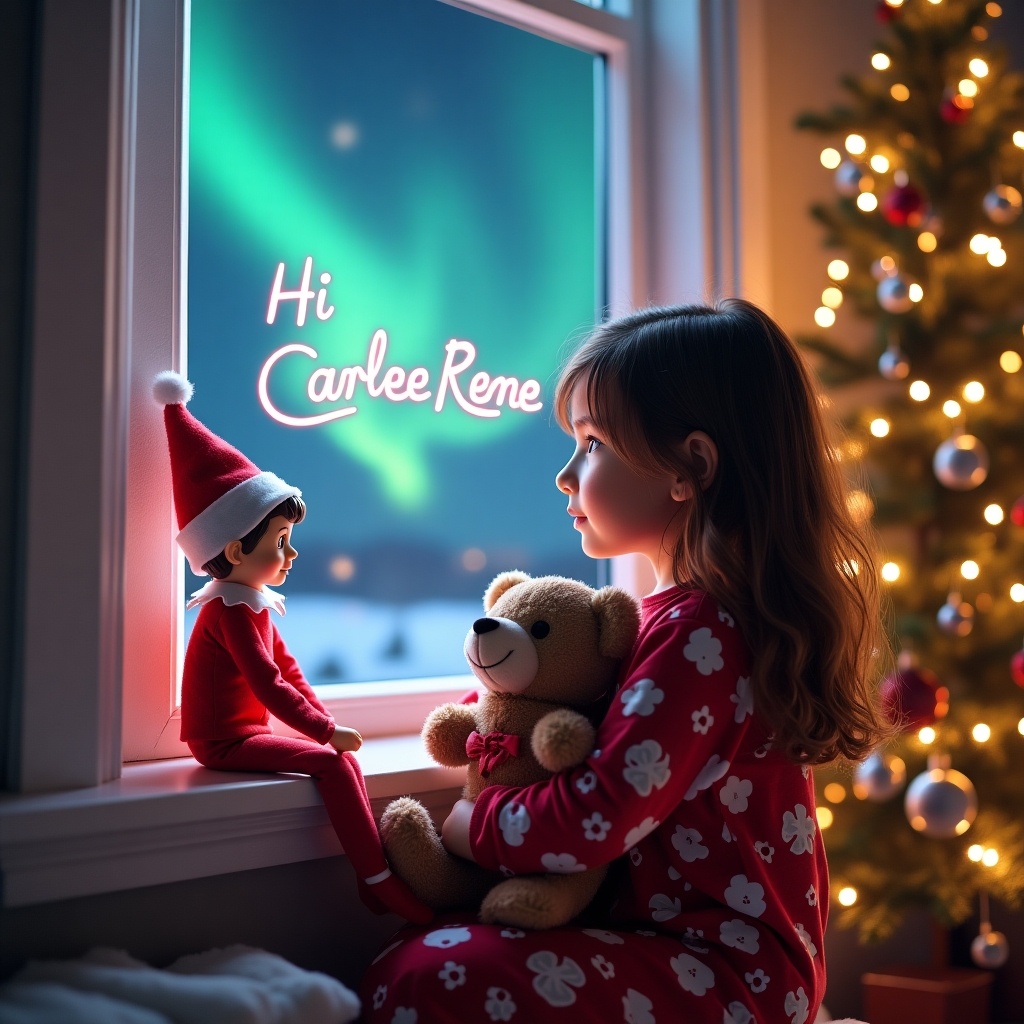 Enchanted holiday scene features girl in Christmas pajamas holding teddy bear gazing out window. Northern lights illuminate sky. An elf on shelf dressed in red writes 'Hi Carlee Rene' in sparkling light. Room with twinkling lights and Christmas tree. Radiates festive cheer and wonder.