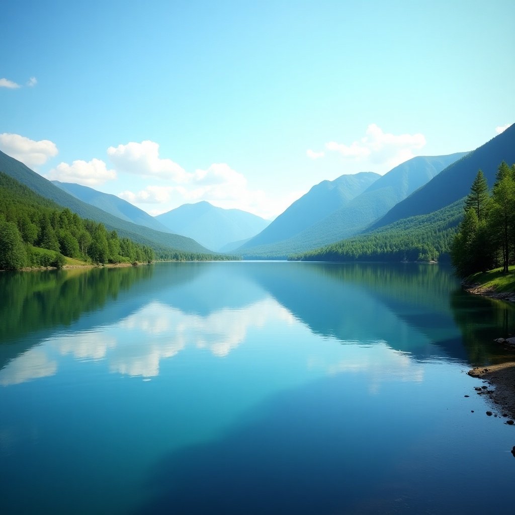 A serene lake surrounded by towering mountains. The scene captures the stillness of the water reflecting the landscape. Bright blue sky with a few fluffy clouds. Lush green forests lining the shore of the lake.