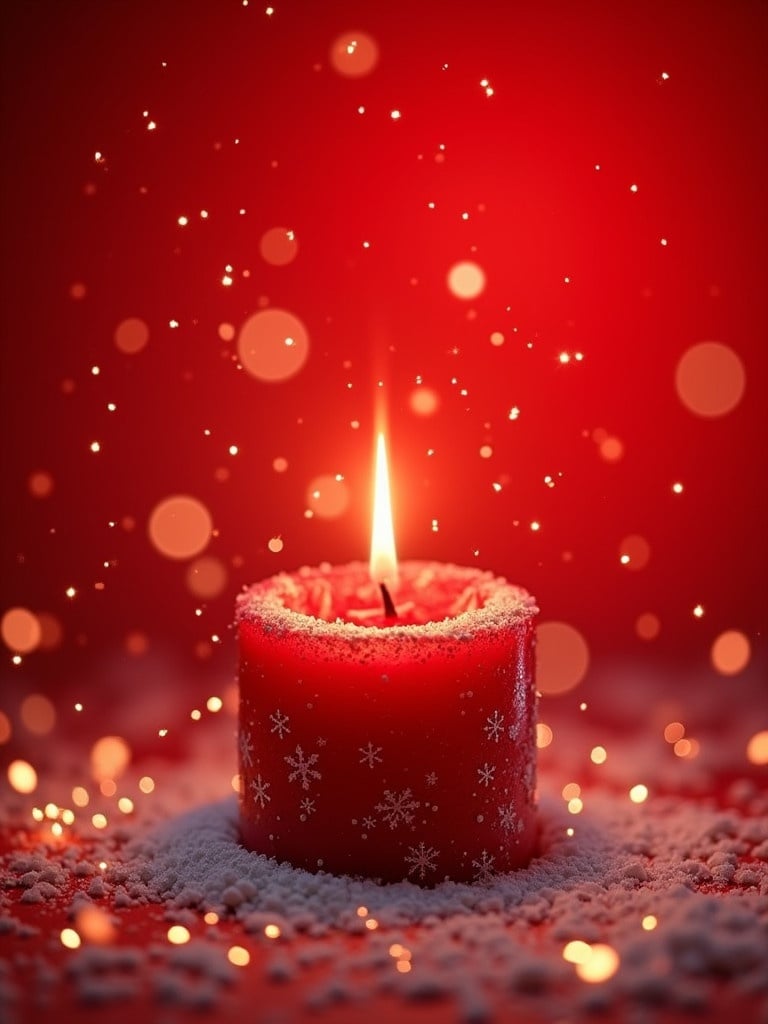 Red candle surrounded by snowflakes and sparkles. Bright flame illuminates the scene. Background is a deep red with bokeh effects. Ideal for Christmas and New Year celebrations.