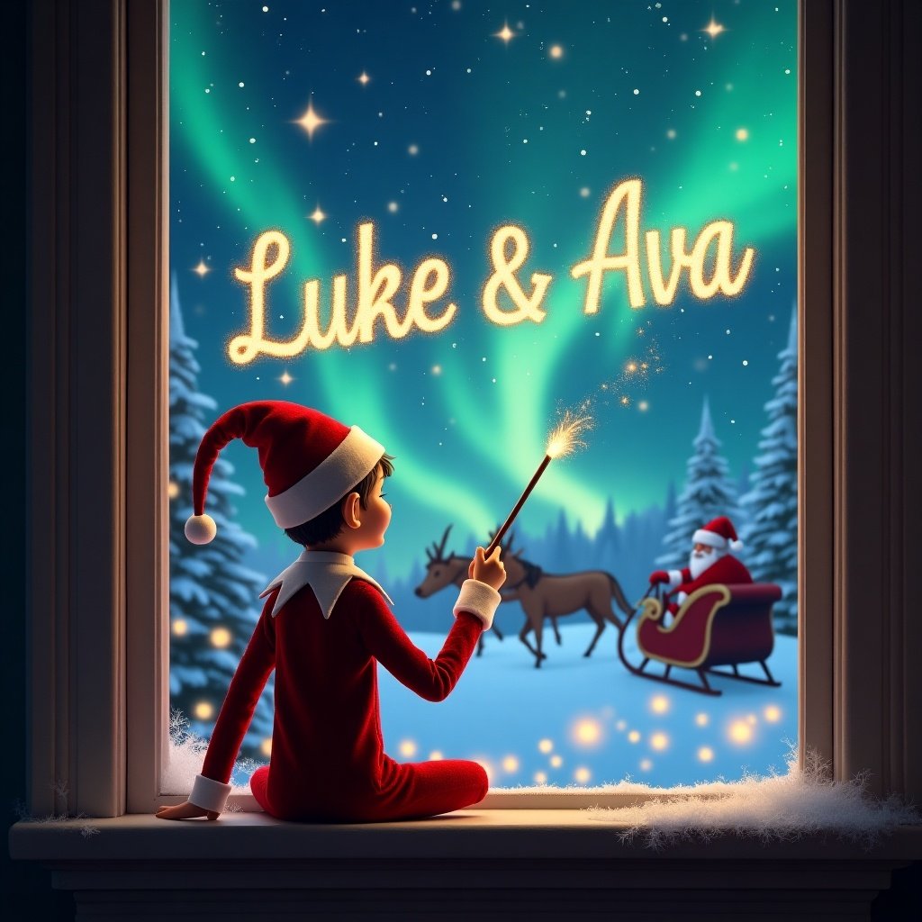 An elf sits on a window ledge with his back to the viewer. He faces a magical sky. The scene includes twinkling stars and colorful northern lights. Santa Claus is in the background with his sleigh. The elf wears a red outfit and pointed hat. He uses a wand to write 'Luke & Ava' in shimmering letters.