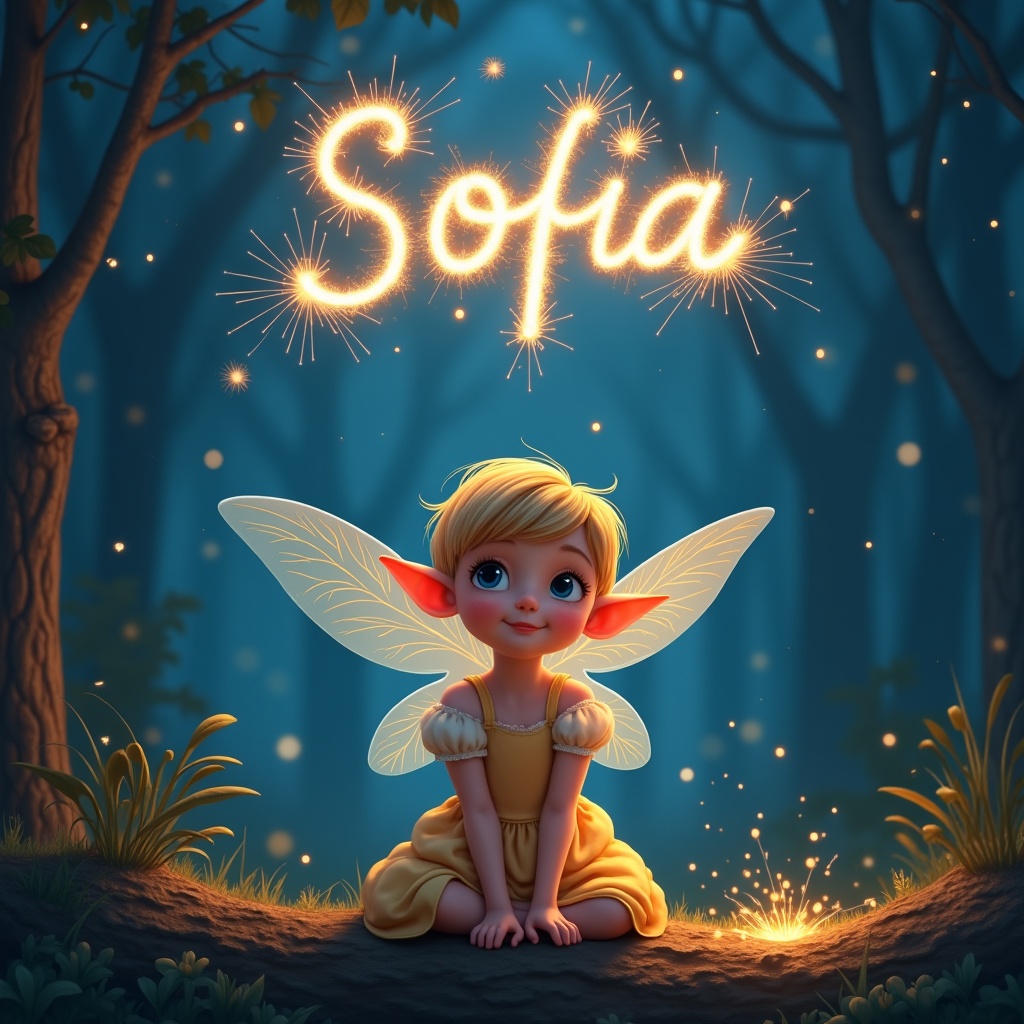 This image depicts a charming pixie elf named Sofia, a 4-year-old girl with short blonde hair and blue eyes. She is sitting in a serene woodland clearing during the night, surrounded by lush greenery and twinkling sparkles. The atmosphere is magical, with a deep blue sky overhead. The name 'Sofia' is beautifully written in sparkling letters, illuminating the scene. The overall vibe is whimsical and enchanting, perfect for a children's storybook or decoration. Sofia's delicate wings add to her fairy-tale charm, inviting wonder and imagination.