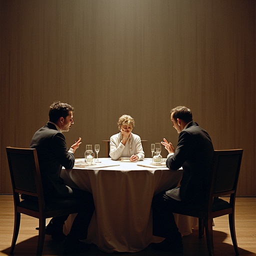 Three people engage in a conversation around a table. The atmosphere is intimate and focused. The table is set in a contemporary environment.