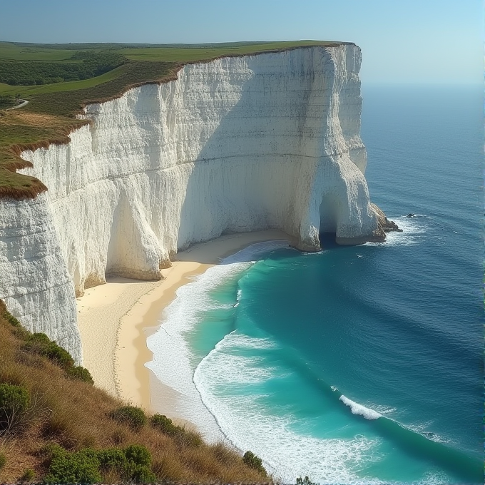 The image shows towering white cliffs with lush green grass on top, overlooking a sandy beach and vibrant blue ocean.